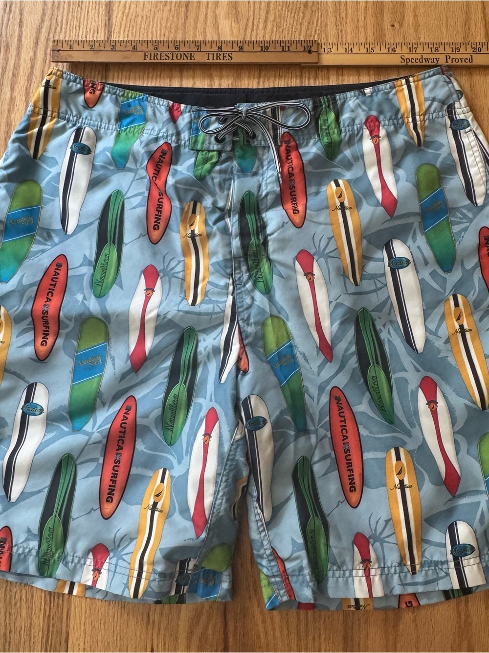 Vintage Nautica Surfboard Print Swim Trunks Men’s Size 38 Blue Board Shorts